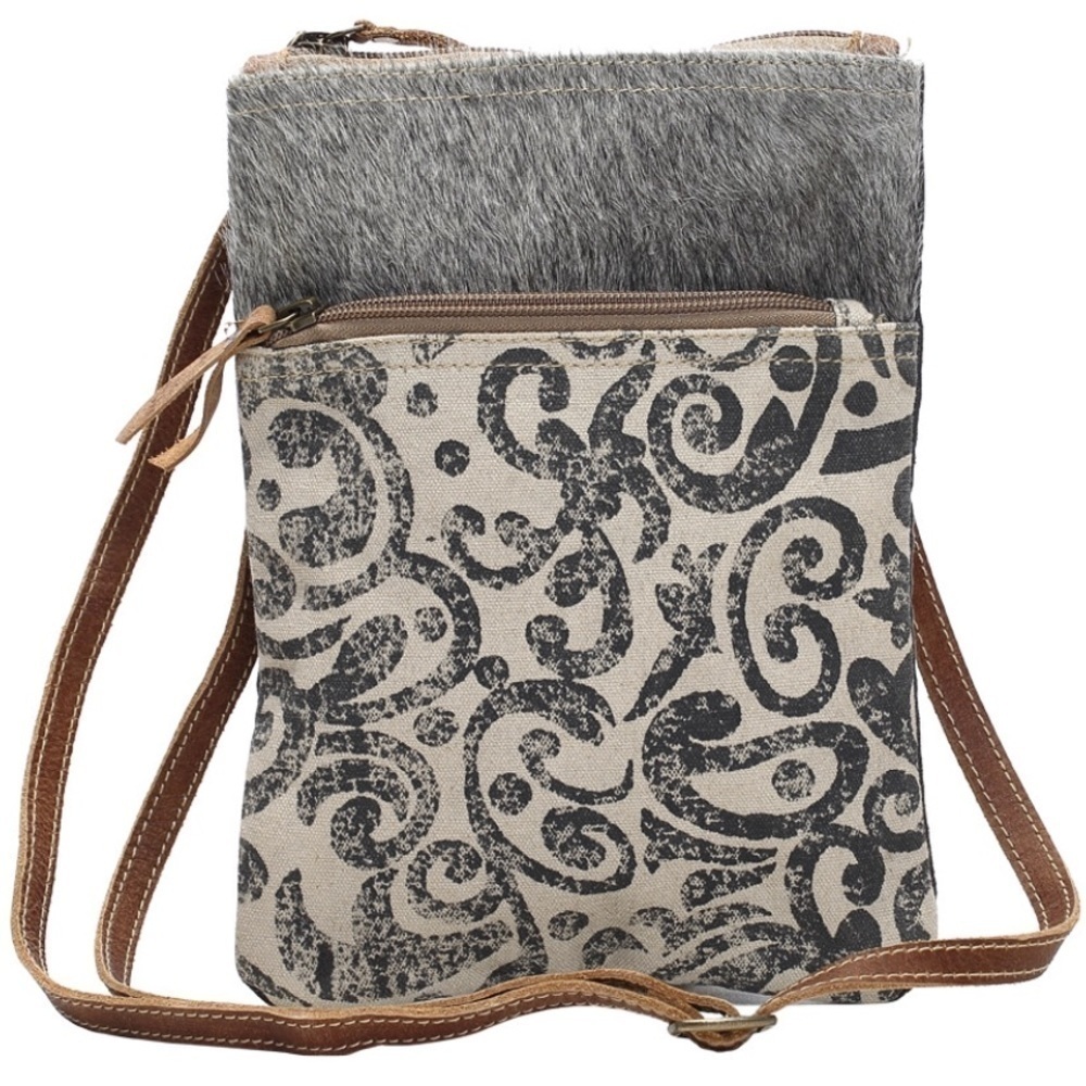 Myra Leaf pattern crossbody bag, canvas, leather